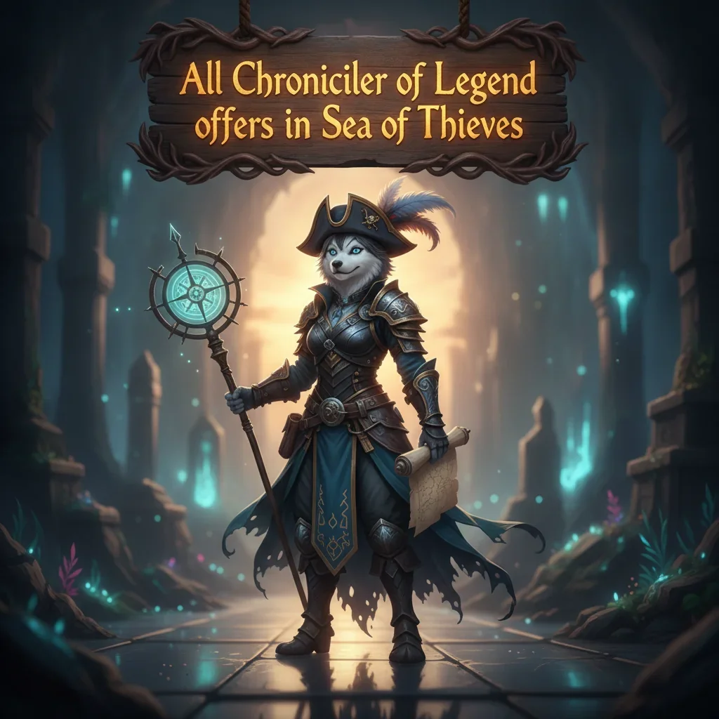 Fantasy artwork of an anthropomorphic husky pirate in a legendary setting, inspired by Sea of Thieves Chronicler of Legend content.