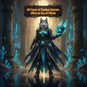 Fantasy game artwork featuring an anthropomorphic Husky pirate character, themed around Sea of Thieves content and objectives.