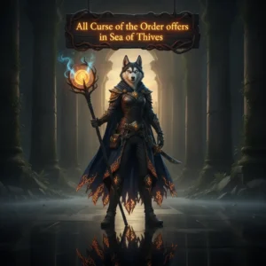 A fantasy game-inspired image featuring an anthropomorphic Husky character in a pirate-themed outfit, set against a mysterious, dark environment with glowing green energy.