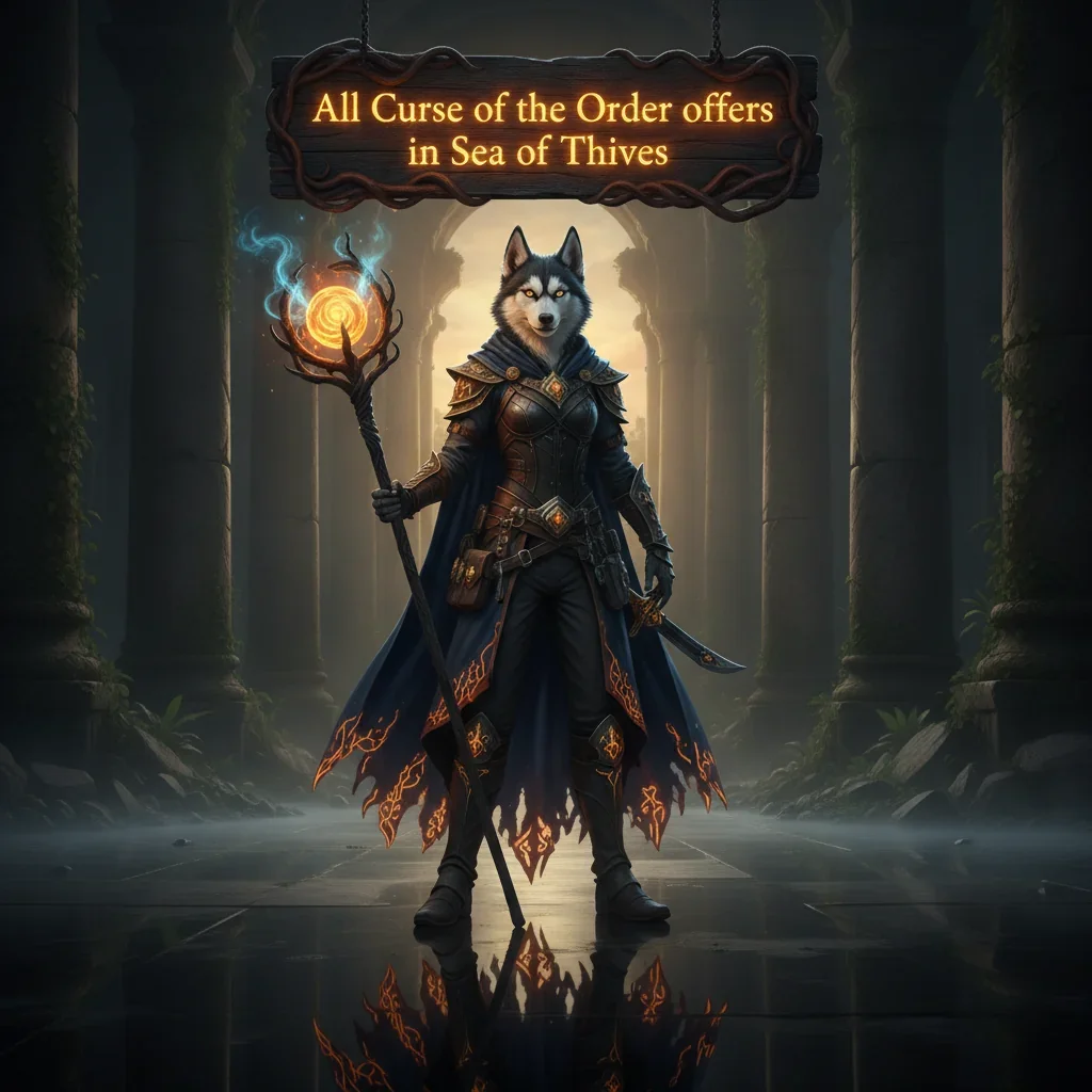 A fantasy game-inspired image featuring an anthropomorphic Husky character in a pirate-themed outfit, set against a mysterious, dark environment with glowing green energy.