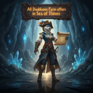 Fantasy game-inspired artwork featuring an anthropomorphic Husky character themed around Sea of Thieves Doubloons farming.