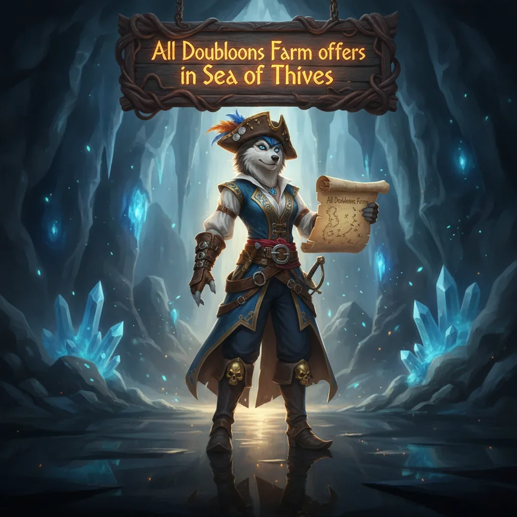 Fantasy game-inspired artwork featuring an anthropomorphic Husky character themed around Sea of Thieves Doubloons farming.