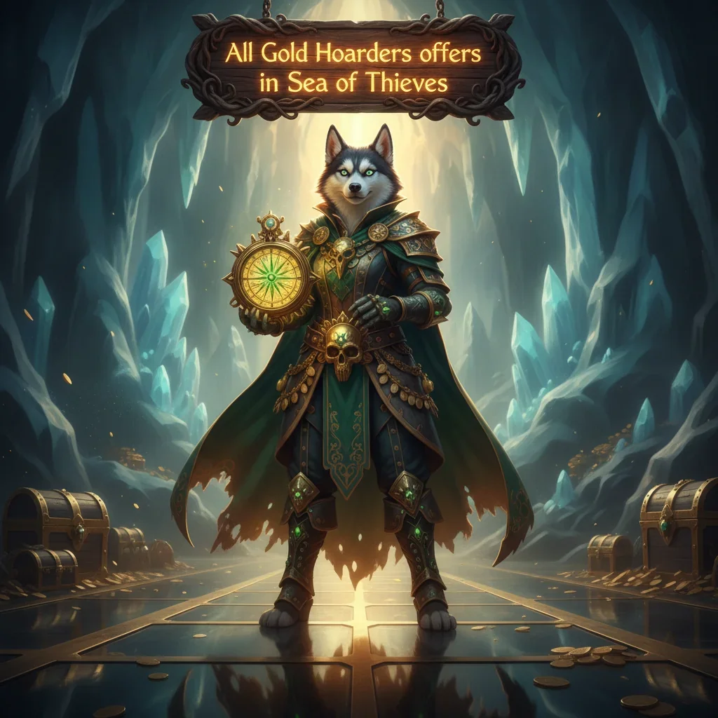 Fantasy artwork of an anthropomorphic Husky character, themed around Sea of Thieves Gold Hoarders content and objectives.