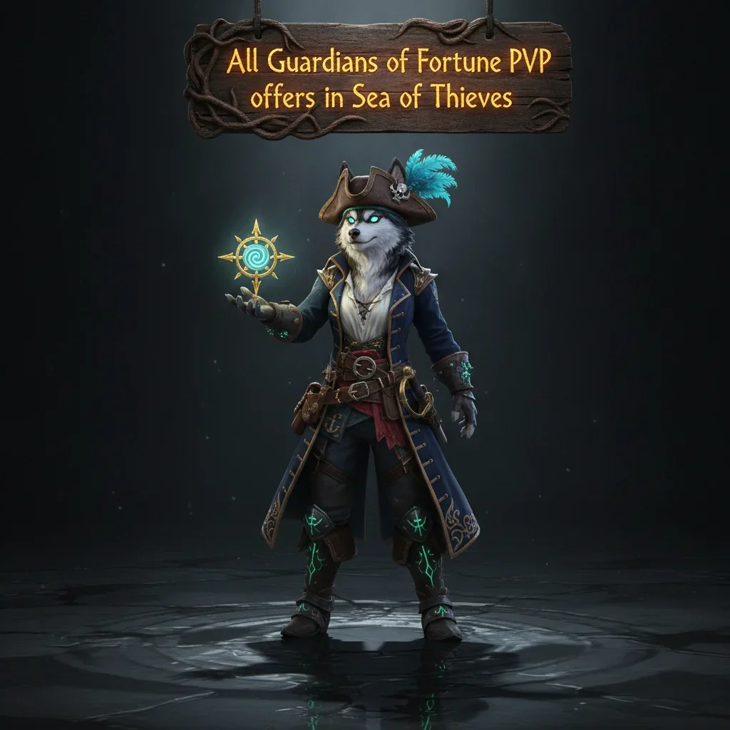 Fantasy artwork of an anthropomorphic husky character in pirate attire, surrounded by elements reflecting Sea of Thieves PvP content.