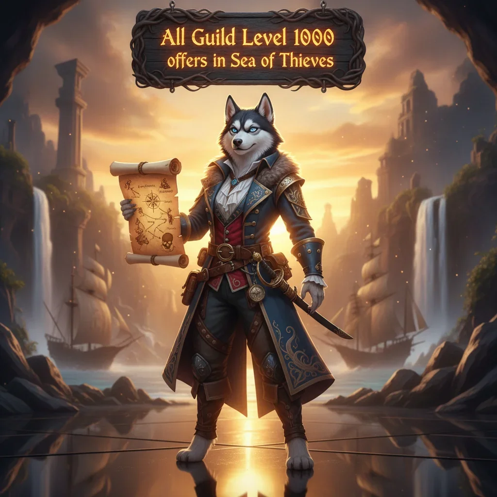 Anthropomorphic Husky character in pirate attire amidst a pirate-themed fantasy setting, representing Sea of Thieves guild progression.
