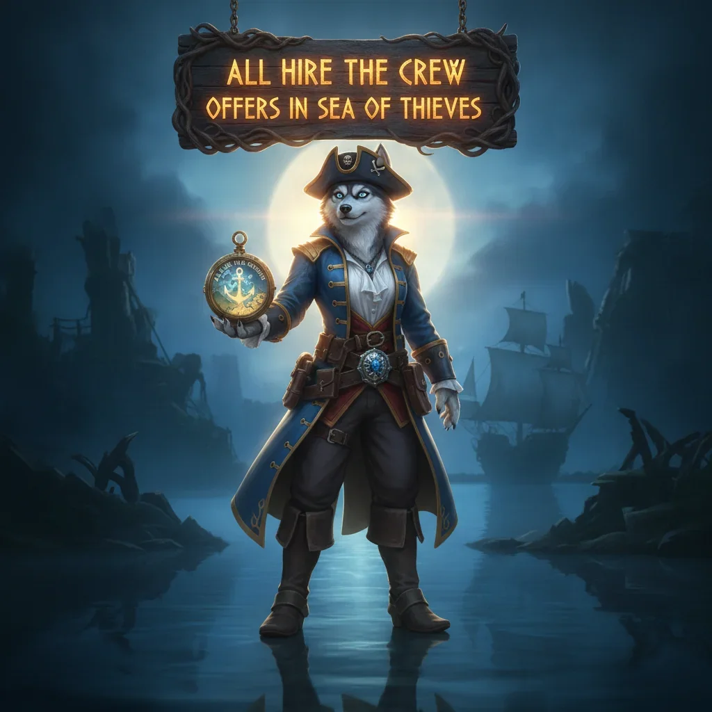 An anthropomorphic Husky character, dressed in pirate-themed fantasy attire, stands on a ship deck with a mystical glow, representing a crew hiring boost.