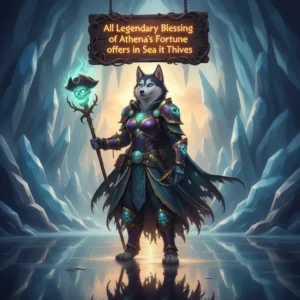 A fantasy game-inspired artwork featuring an anthropomorphic husky character themed around Athena's Fortune blessings.