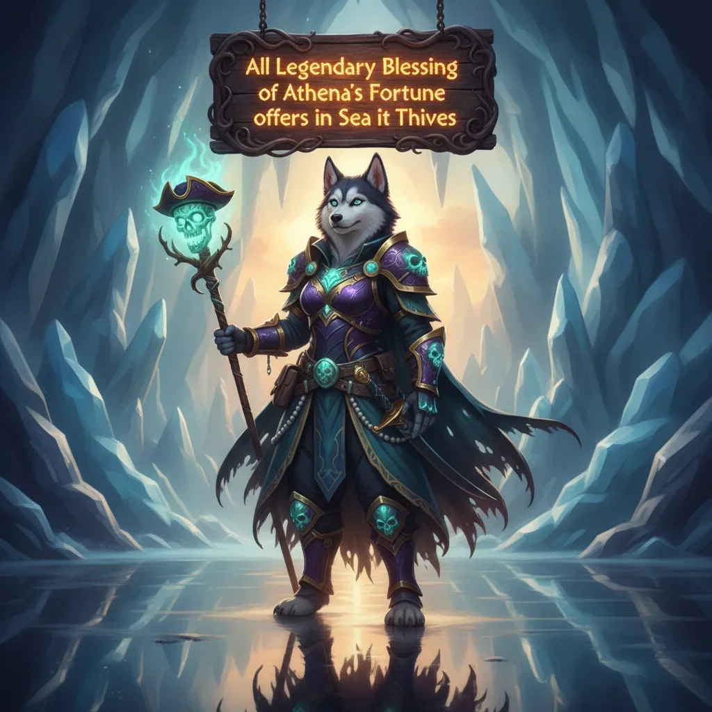 A fantasy game-inspired artwork featuring an anthropomorphic husky character themed around Athena's Fortune blessings.
