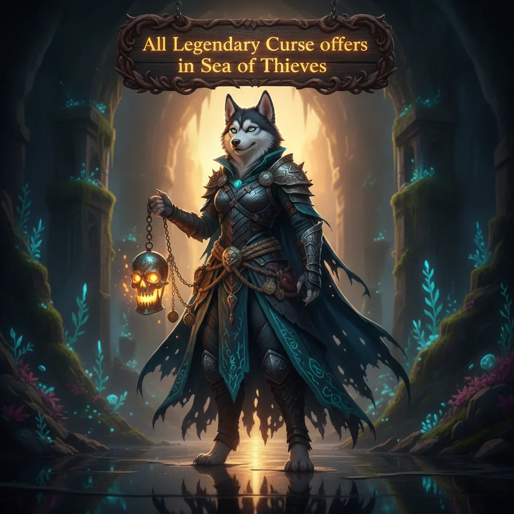 An anthropomorphic Husky character in fantasy clothing within artwork related to Sea of Thieves Legendary Curse objectives.