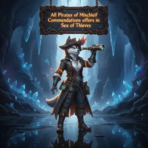 Fantasy game-inspired artwork featuring an anthropomorphic husky character in a pirate-themed outfit, connected to Sea of Thieves commendations.
