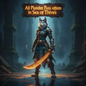 Fantasy game-inspired artwork featuring an anthropomorphic Husky character, themed around the Sea of Thieves Plunder Pass progression system.