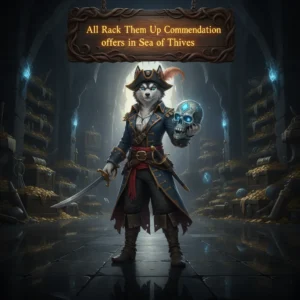 A fantasy game-inspired image featuring an anthropomorphic Husky character in a pirate-themed outfit, set against a backdrop related to Sea of Thieves commendations and objectives.