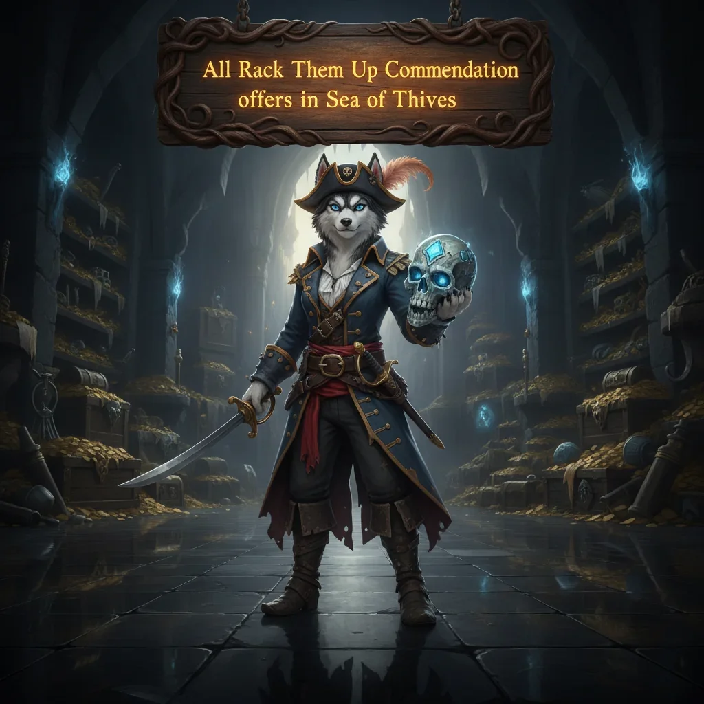 A fantasy game-inspired image featuring an anthropomorphic Husky character in a pirate-themed outfit, set against a backdrop related to Sea of Thieves commendations and objectives.
