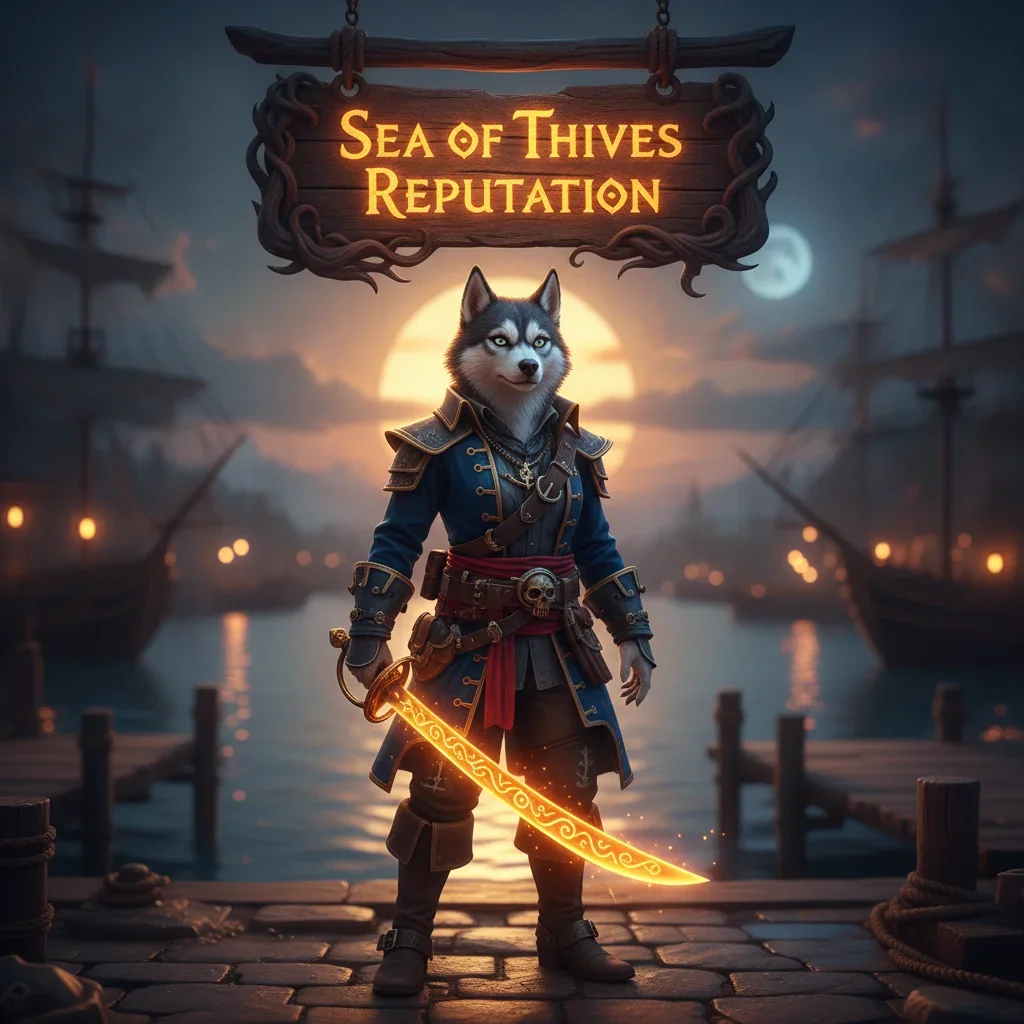 Fantasy artwork featuring an anthropomorphic husky character dressed in pirate-themed attire, representing Sea of Thieves reputation gain objectives and progression systems.