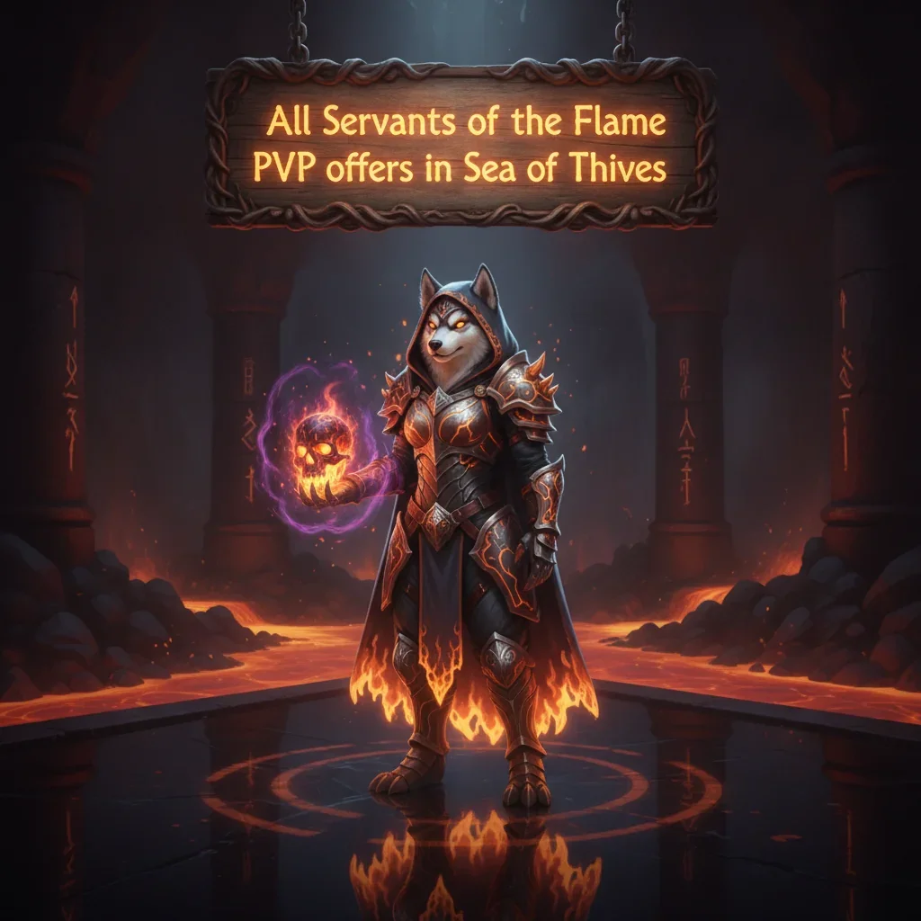 Fantasy artwork featuring an anthropomorphic Husky character themed around Sea of Thieves Servants of the Flame PvP.