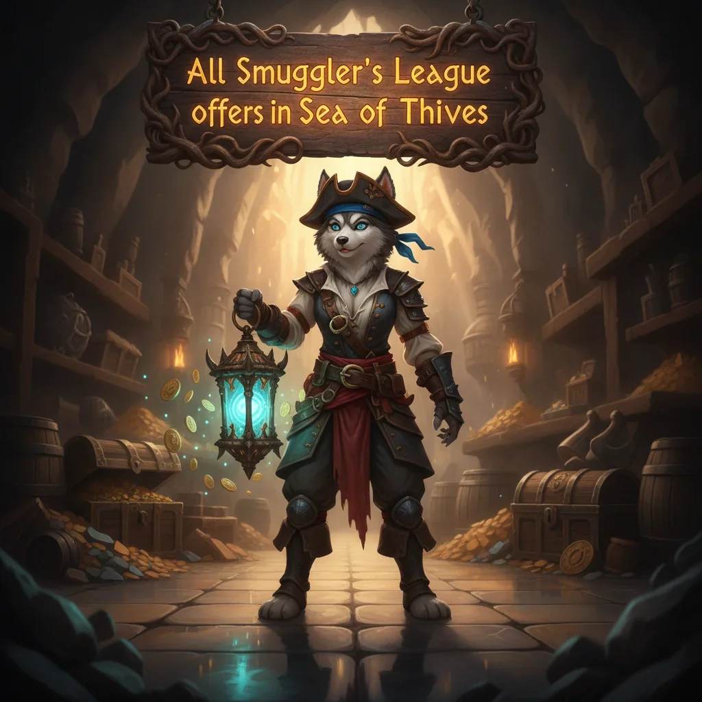 A fantasy game-inspired image featuring an anthropomorphic Husky pirate character, themed around Sea of Thieves content.