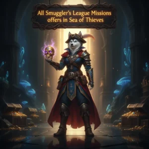 Fantasy artwork of an anthropomorphic husky character in pirate attire, related to Sea of Thieves Smuggler's League missions.