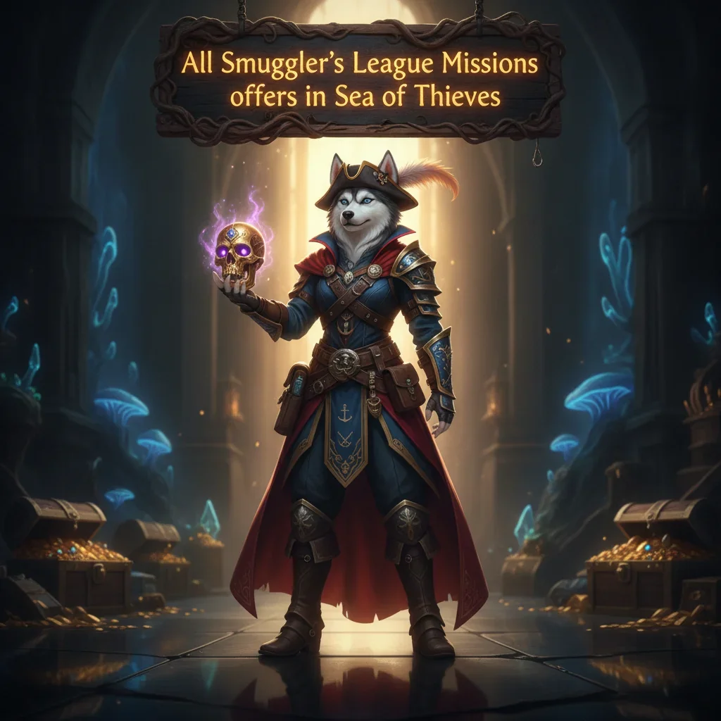 Fantasy artwork of an anthropomorphic husky character in pirate attire, related to Sea of Thieves Smuggler's League missions.