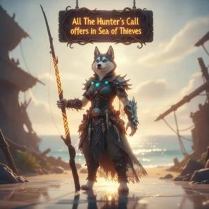 An anthropomorphic husky character in fantasy attire, themed around the Hunter's Call faction in Sea of Thieves.