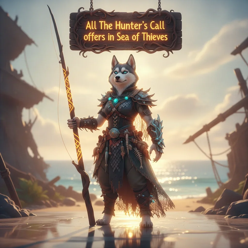 An anthropomorphic husky character in fantasy attire, themed around the Hunter's Call faction in Sea of Thieves.