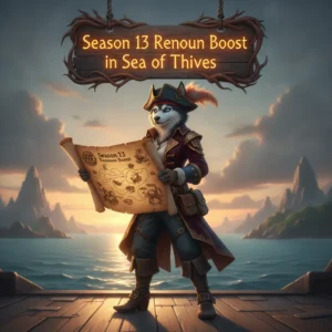Anthropomorphic Husky character in pirate fantasy clothing, inspired by Sea of Thieves Season 13 renown and seasonal progression, against a mystical ocean backdrop.