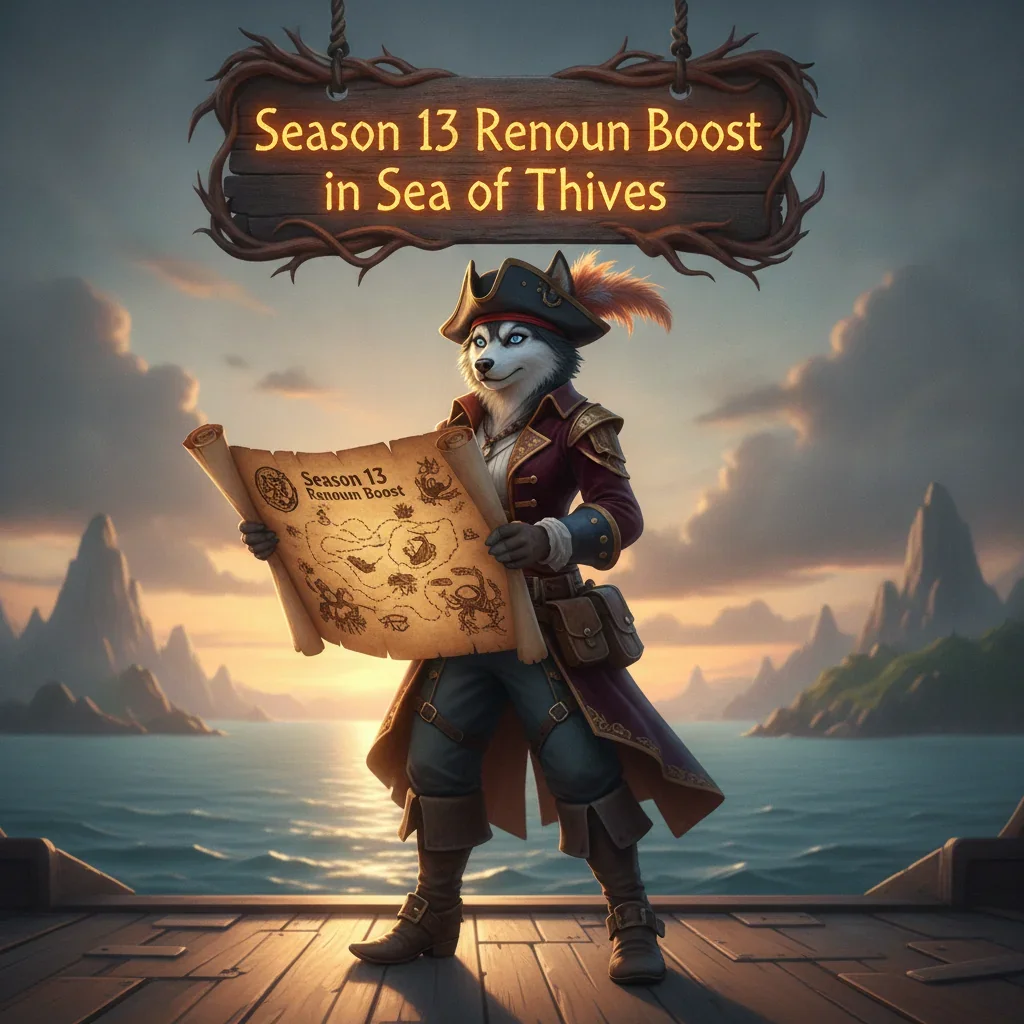 Anthropomorphic Husky character in pirate fantasy clothing, inspired by Sea of Thieves Season 13 renown and seasonal progression, against a mystical ocean backdrop.