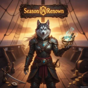 Fantasy artwork featuring an anthropomorphic husky character in pirate-themed clothing. The image is inspired by Sea of Thieves Season 14 Renown Boost, representing seasonal progression and objectives.