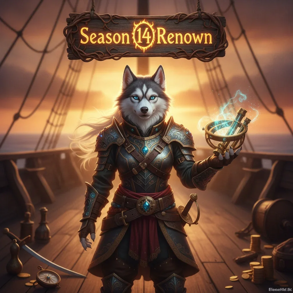 Fantasy artwork featuring an anthropomorphic husky character in pirate-themed clothing. The image is inspired by Sea of Thieves Season 14 Renown Boost, representing seasonal progression and objectives.