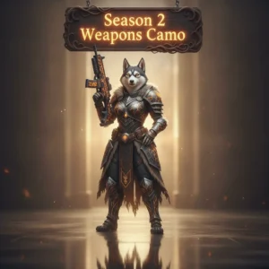 An anthropomorphic Husky character in fantasy armor and robes, set within a game-inspired environment, representing Call of Duty Black Ops 6 Season 2 weapon camo content.