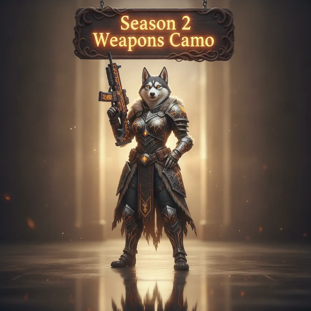 An anthropomorphic Husky character in fantasy armor and robes, set within a game-inspired environment, representing Call of Duty Black Ops 6 Season 2 weapon camo content.