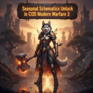 A majestic anthropomorphic Husky character in ornate fantasy armor, set in an enchanted environment, representing seasonal schematic unlock content and game progression.