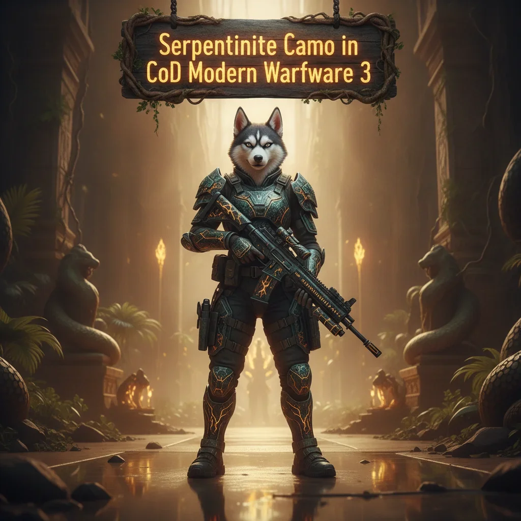 Fantasy artwork featuring an anthropomorphic Husky character, adorned in a themed outfit, representing objectives for a unique Serpentinite camouflage cosmetic.