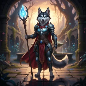 Un'opera d'arte fantasy ispirata al servizio di Elo Boost per LoL, che rappresenta il sistema di classificazione e le sfide competitive. Un husky in armatura si erge in un ambiente di gioco fantasy.
