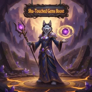 An anthropomorphic Husky character, adorned in fantasy robes, amidst mystical energies, representing Sha-Touched Gem acquisition and enhancement content in World of Warcraft MoP Classic.