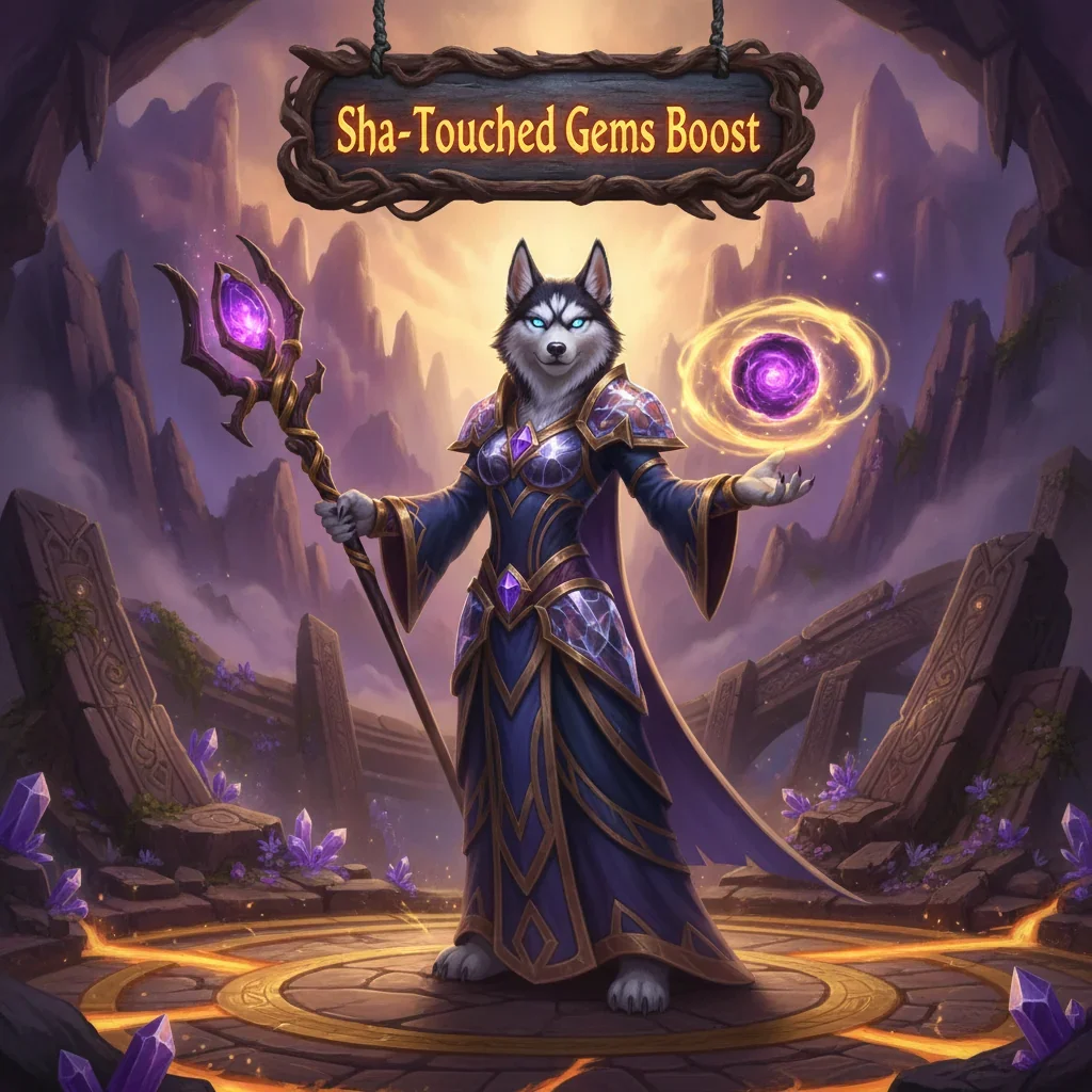 An anthropomorphic Husky character, adorned in fantasy robes, amidst mystical energies, representing Sha-Touched Gem acquisition and enhancement content in World of Warcraft MoP Classic.