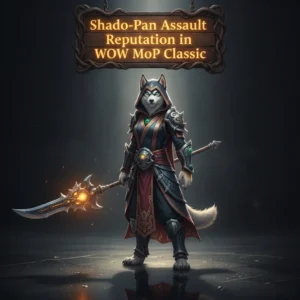 Artwork featuring an anthropomorphic husky character in Mists of Pandaria Classic, themed around Shado-Pan Assault reputation.