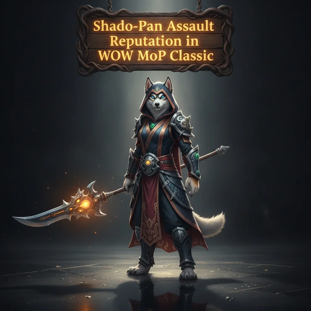 Artwork featuring an anthropomorphic husky character in Mists of Pandaria Classic, themed around Shado-Pan Assault reputation.