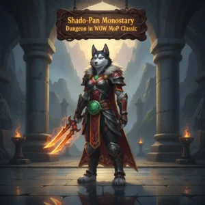 Artwork featuring an anthropomorphic Husky character in a fantasy setting inspired by the Shado-Pan Monastery dungeon.