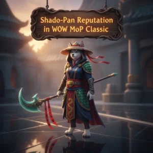 Artwork inspired by World of Warcraft Mists of Pandaria Classic with an anthropomorphic husky character in Shado-Pan themed armor.