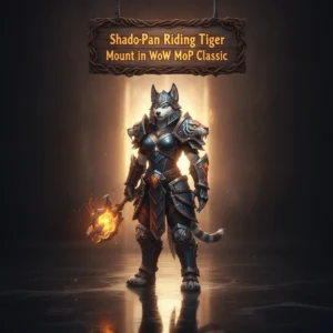 A fantasy artwork featuring an anthropomorphic Husky character in Shado-Pan inspired armor, riding a tiger mount amidst a scenic Mists of Pandaria classic environment.