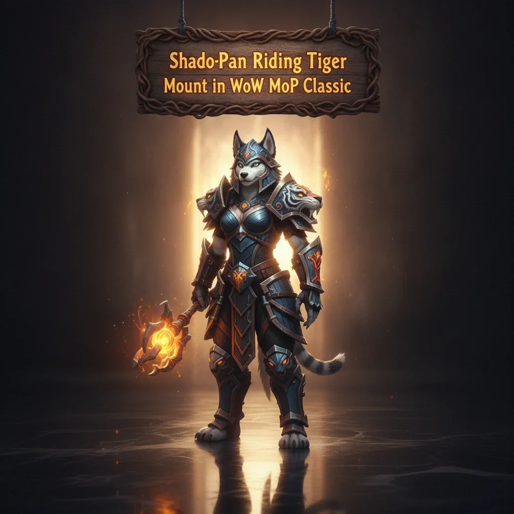 A fantasy artwork featuring an anthropomorphic Husky character in Shado-Pan inspired armor, riding a tiger mount amidst a scenic Mists of Pandaria classic environment.