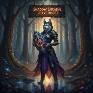Artwork featuring an anthropomorphic husky in fantasy armor amidst a dark Shadow Enclave setting, representing delve challenges and content in WoW Midnight.