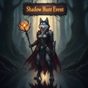 Fantasy artwork featuring an anthropomorphic husky character adorned in thematic armor, set within a mysterious, dark environment, representing content related to the Shadow Hunt Event in Call of Duty Black Ops 6.