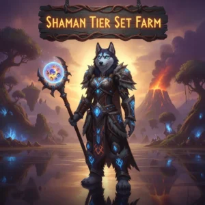 An anthropomorphic husky character in a shaman-inspired tier set, amidst a fantasy landscape, representing gear acquisition content in the WoW Midnight expansion.