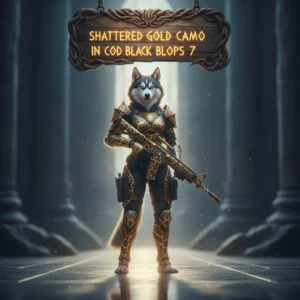 An anthropomorphic Husky character in themed fantasy attire, set in a game-inspired environment, representing Shattered Gold Camo content and weapon challenges in Black Ops 7.