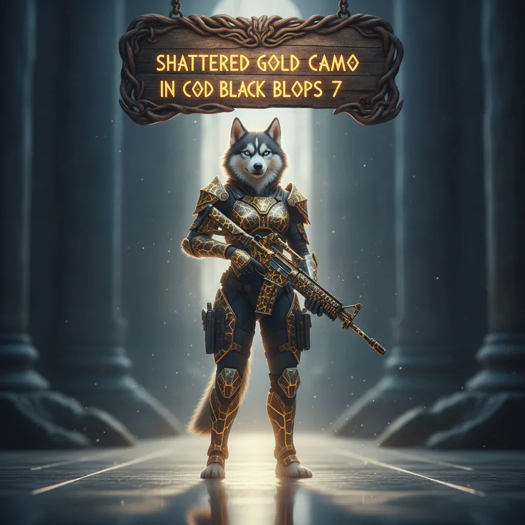An anthropomorphic Husky character in themed fantasy attire, set in a game-inspired environment, representing Shattered Gold Camo content and weapon challenges in Black Ops 7.