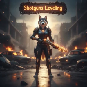 A stylized anthropomorphic Husky character in fantasy armor stands in a mystical game world, themed around shotgun weapon enhancement and progression content.