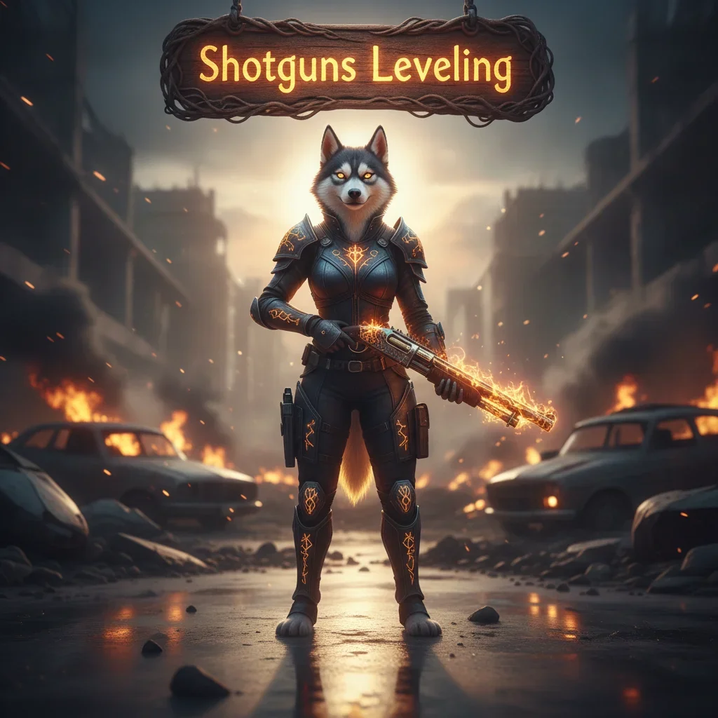 A stylized anthropomorphic Husky character in fantasy armor stands in a mystical game world, themed around shotgun weapon enhancement and progression content.