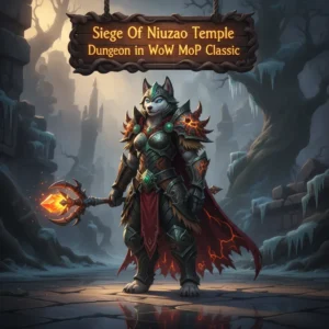 Fantasy game-inspired artwork featuring an anthropomorphic Husky character in armor, themed around the Siege of Niuzao Temple dungeon content.