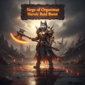 A fantasy-themed artwork featuring an anthropomorphic Husky character in impressive armor, set against a backdrop evoking the challenging Siege of Orgrimmar Heroic raid in WoW MoP Classic.